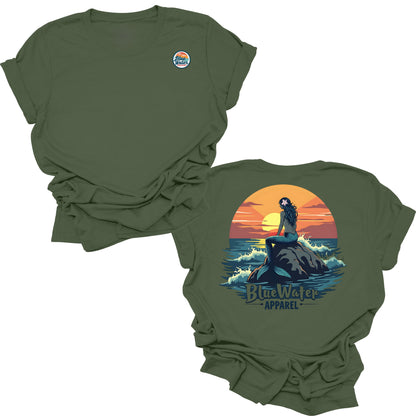 flat lay military green mermaid sunset tee by blue water apparel