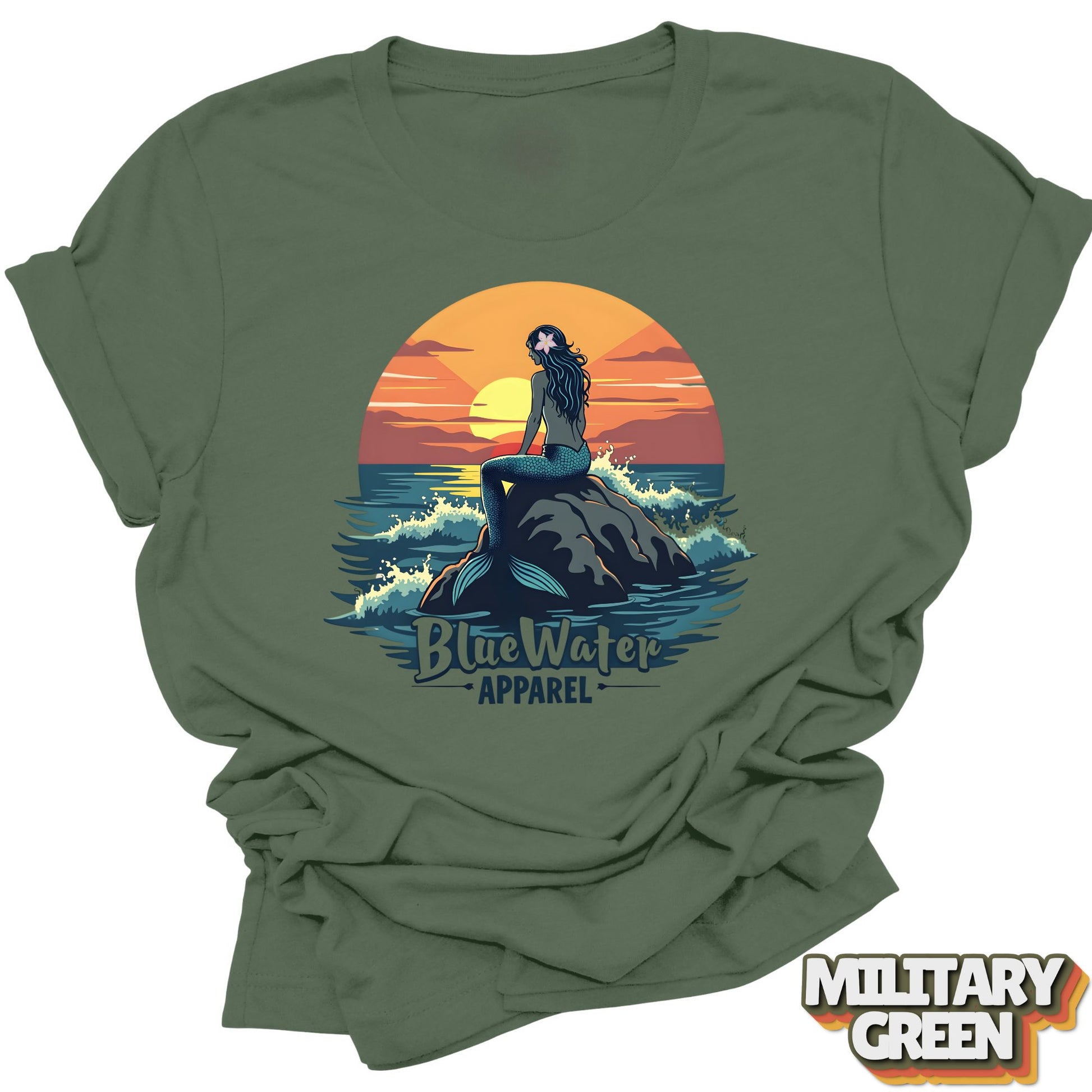 Front Graphic of Military Green Mermaid Sunset tee by Blue Water Apparel