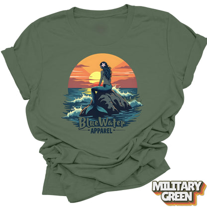 Front Graphic of Military Green Mermaid Sunset tee by Blue Water Apparel