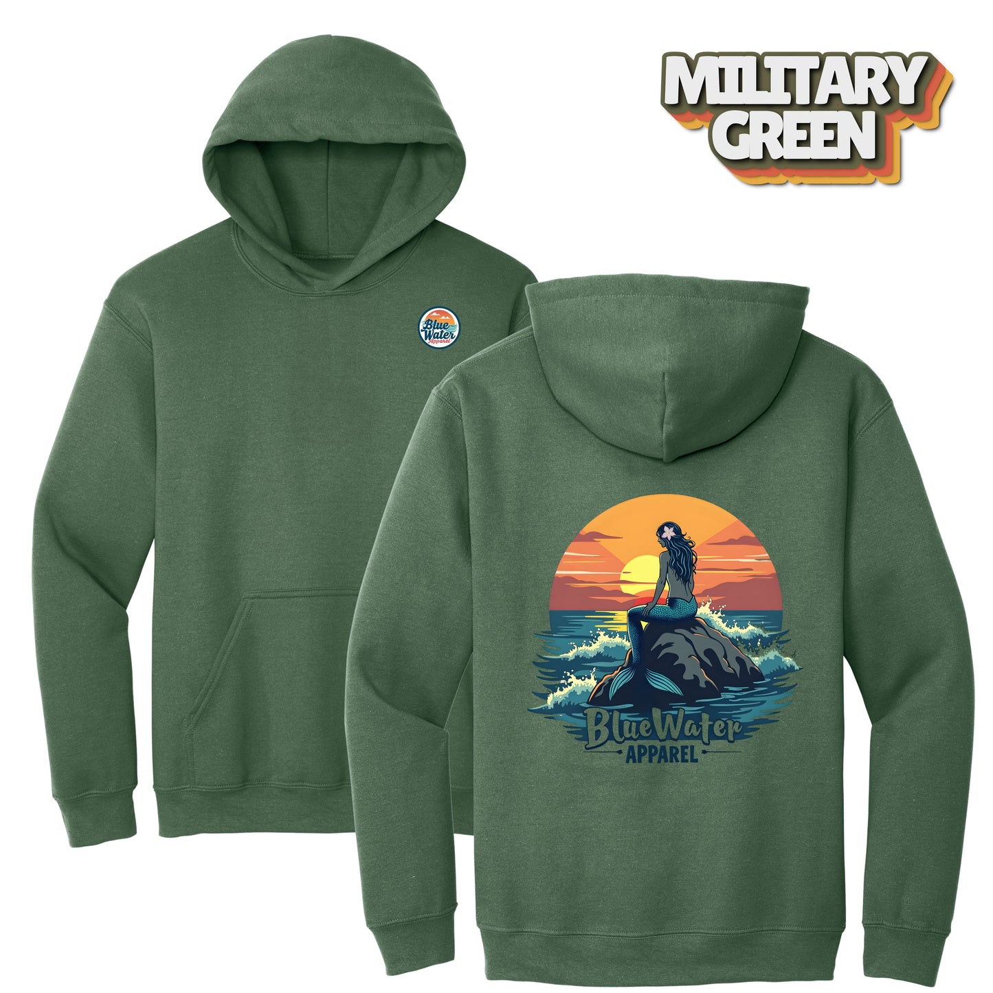 flat lay military green vintage mermaid hoodie by blue water apparel