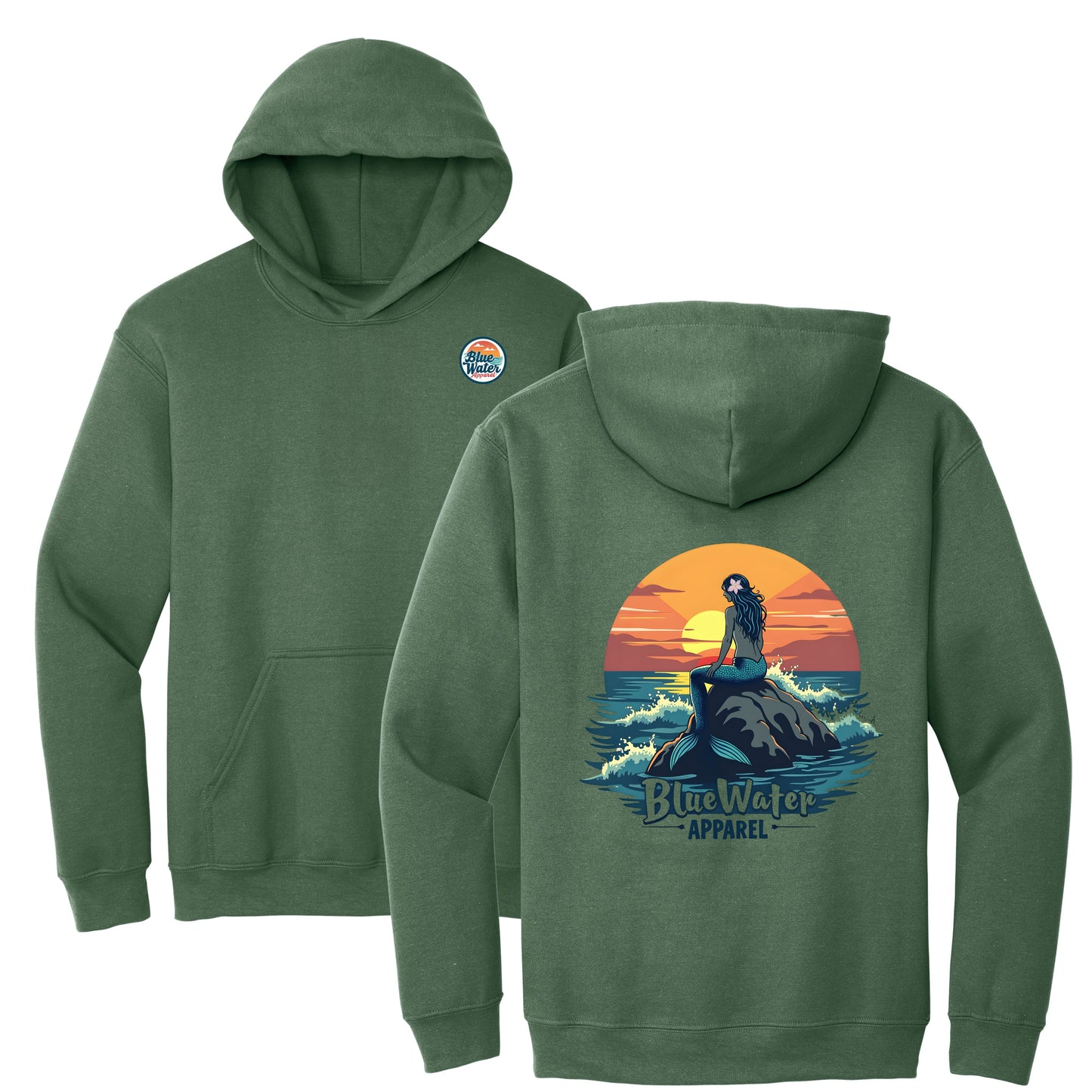 flat lay military green mermaid sunset hoodie by blue water apparel