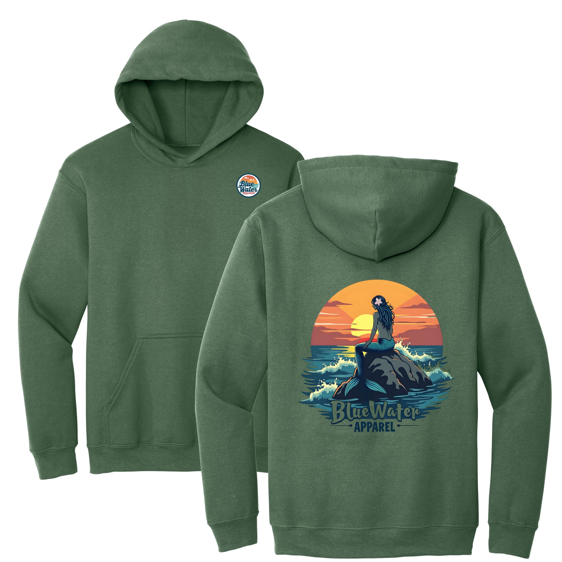 flat lay military green mermaid sunset hoodie by blue water apparel