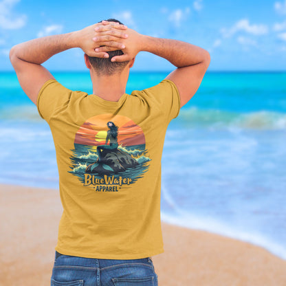model wearing mustard mermaid sunset tee by blue water apparel