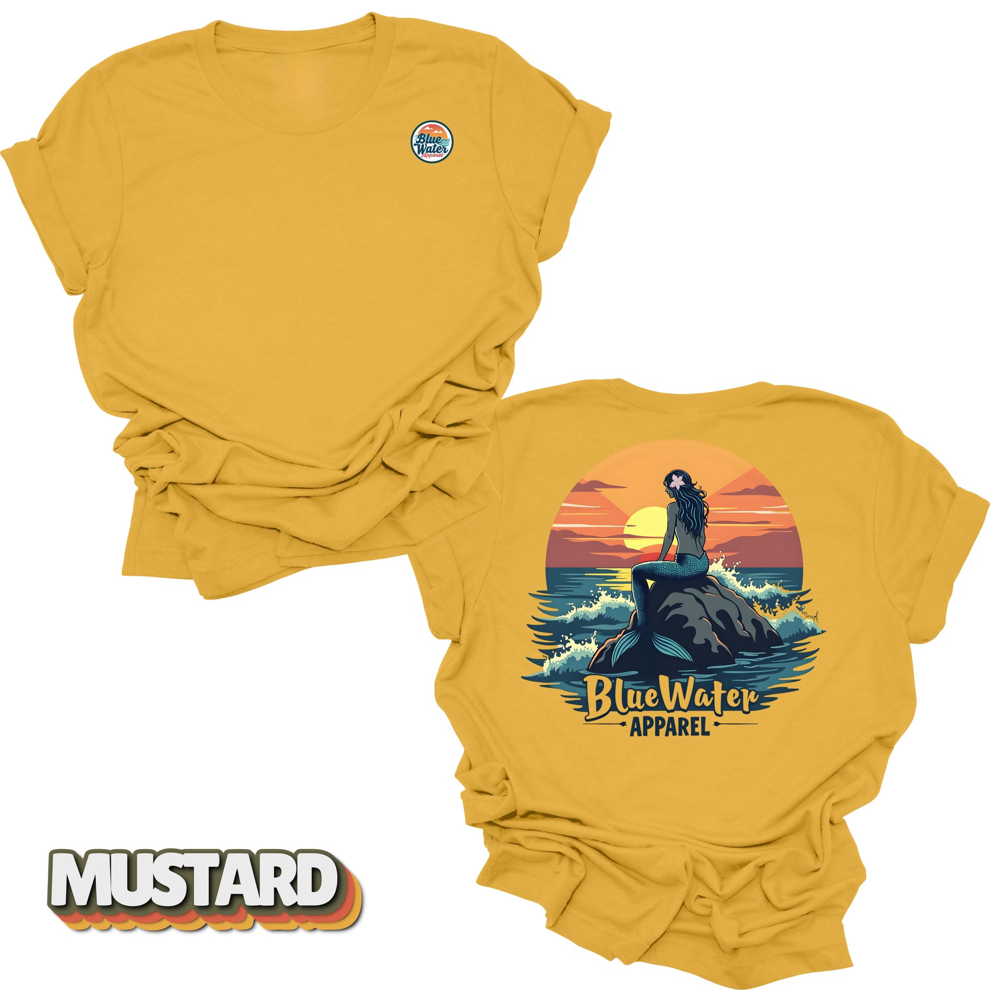 back graphic and front logo of mustard mermaid sunset tee by blue water 