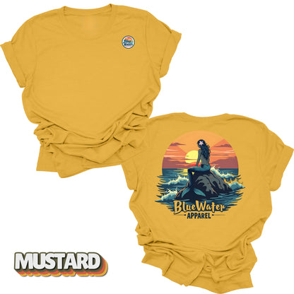 back graphic and front logo of mustard mermaid sunset tee by blue water 