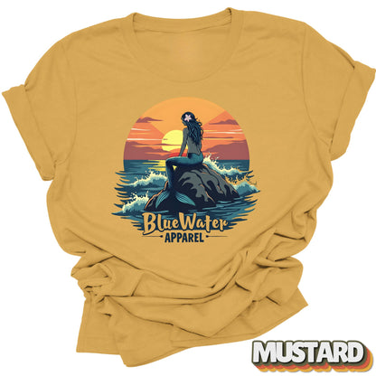Front Graphic of Mustard Mermaid Sunset tee by Blue Water Apparel
