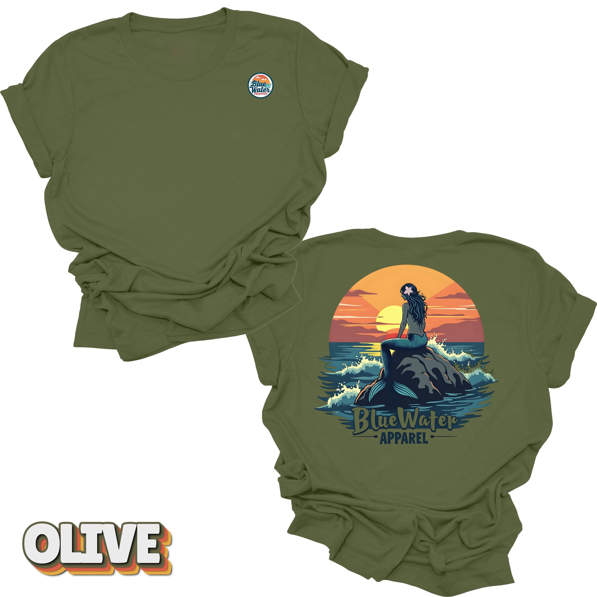back graphic and front logo of olive mermaid sunset tee by blue water 