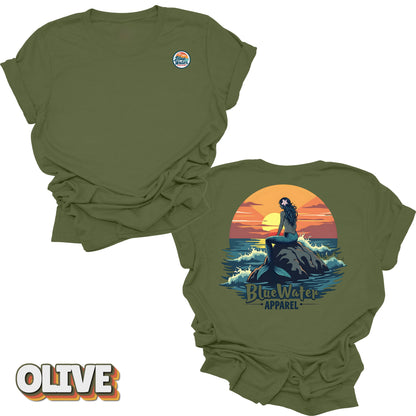 back graphic and front logo of olive mermaid sunset tee by blue water 