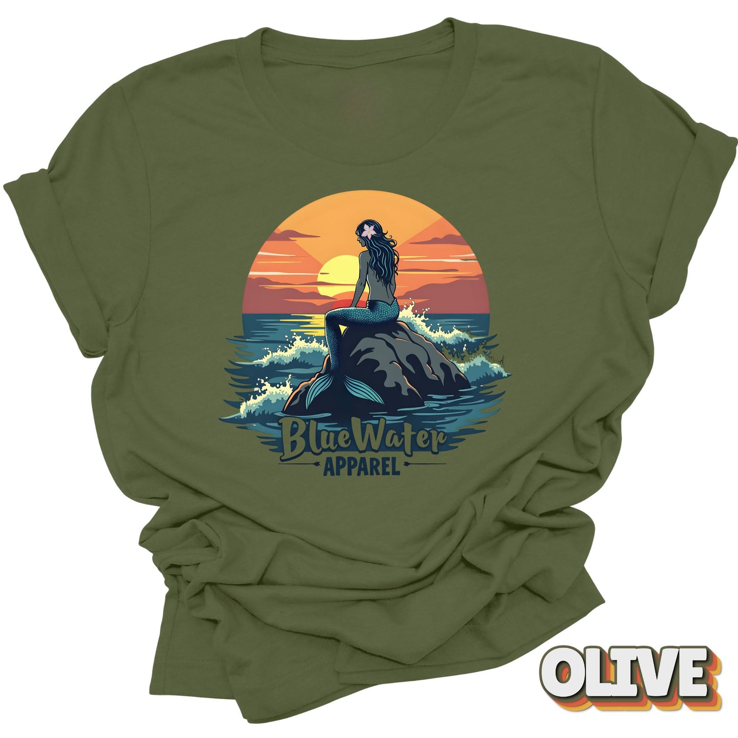Front Graphic of Olive Mermaid Sunset tee by Blue Water Apparel