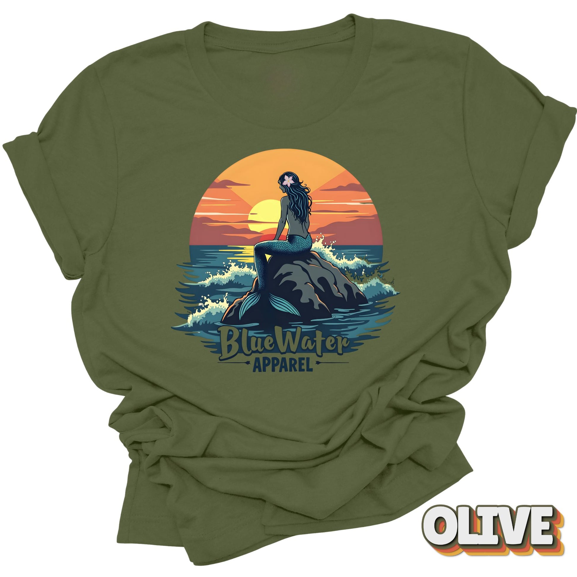 Front Graphic of Olive Mermaid Sunset tee by Blue Water Apparel