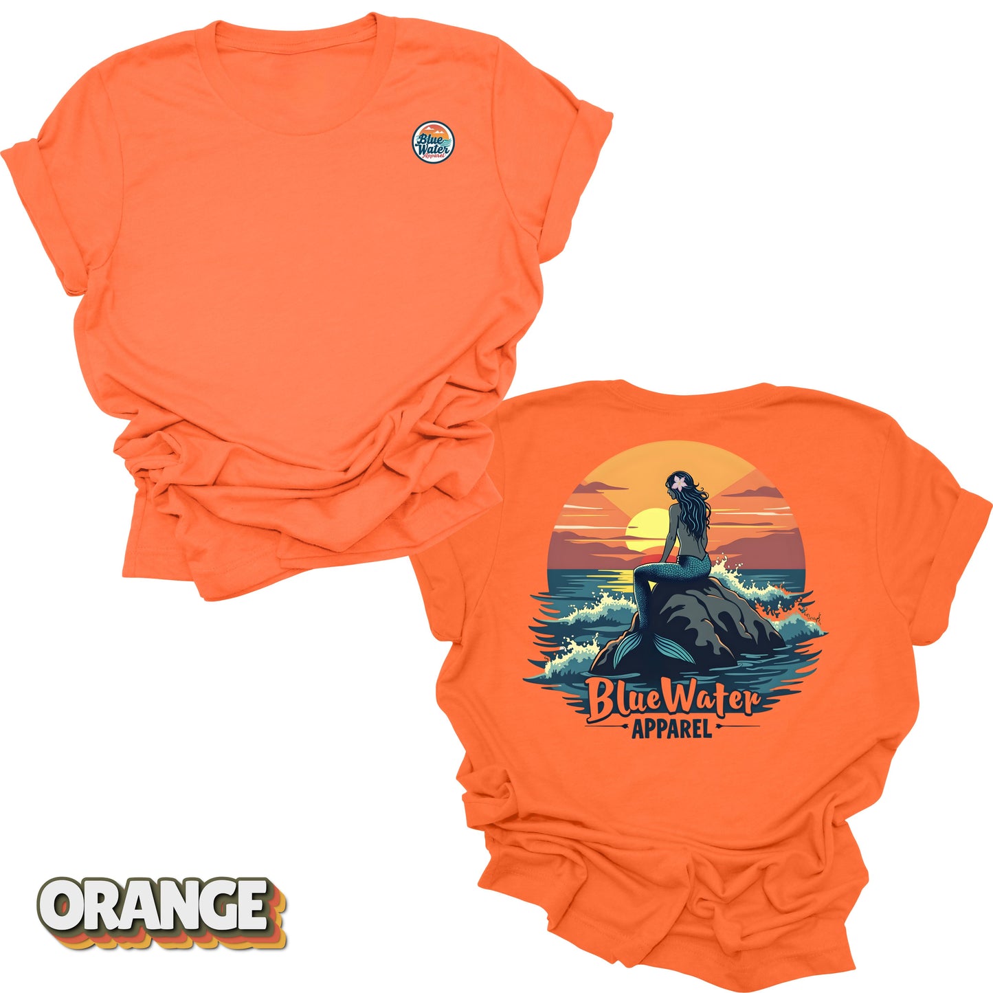 back graphic and front logo of orange mermaid sunset tee by blue water 