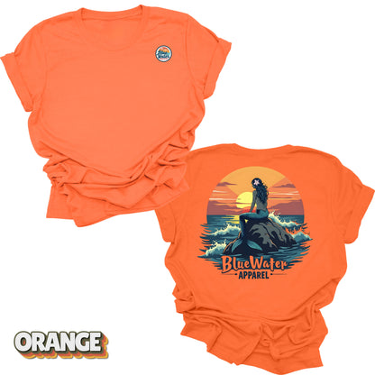 back graphic and front logo of orange mermaid sunset tee by blue water 