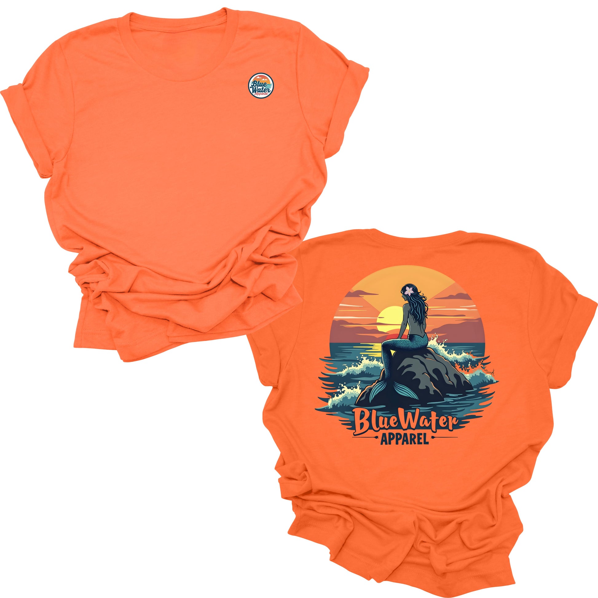 flat lay orange mermaid sunset tee by blue water apparel