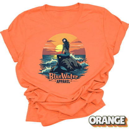 Front Graphic of Orange Mermaid Sunset tee by Blue Water Apparel