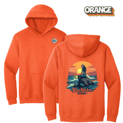 flat lay orange vintage mermaid hoodie by blue water apparel