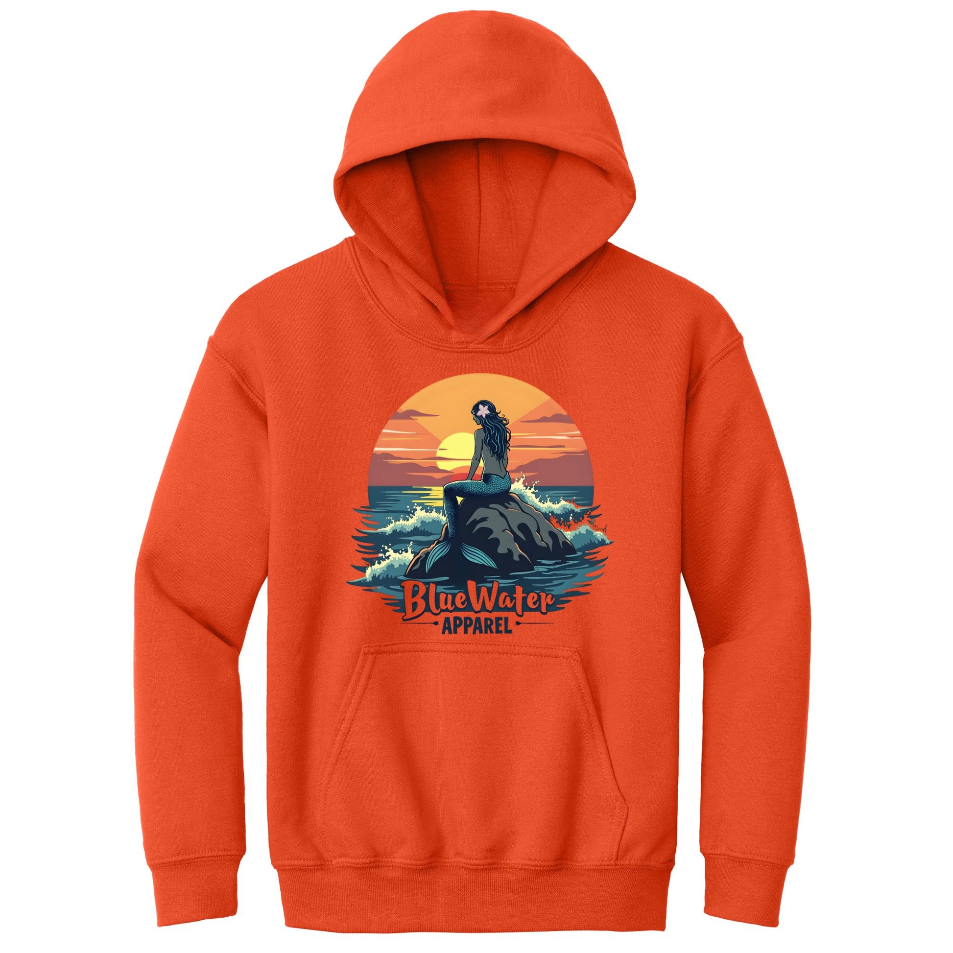 flat lay orange mermaid sunset kids hoodie by blue water apparel