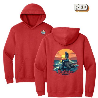 flat lay red vintage mermaid hoodie by blue water apparel