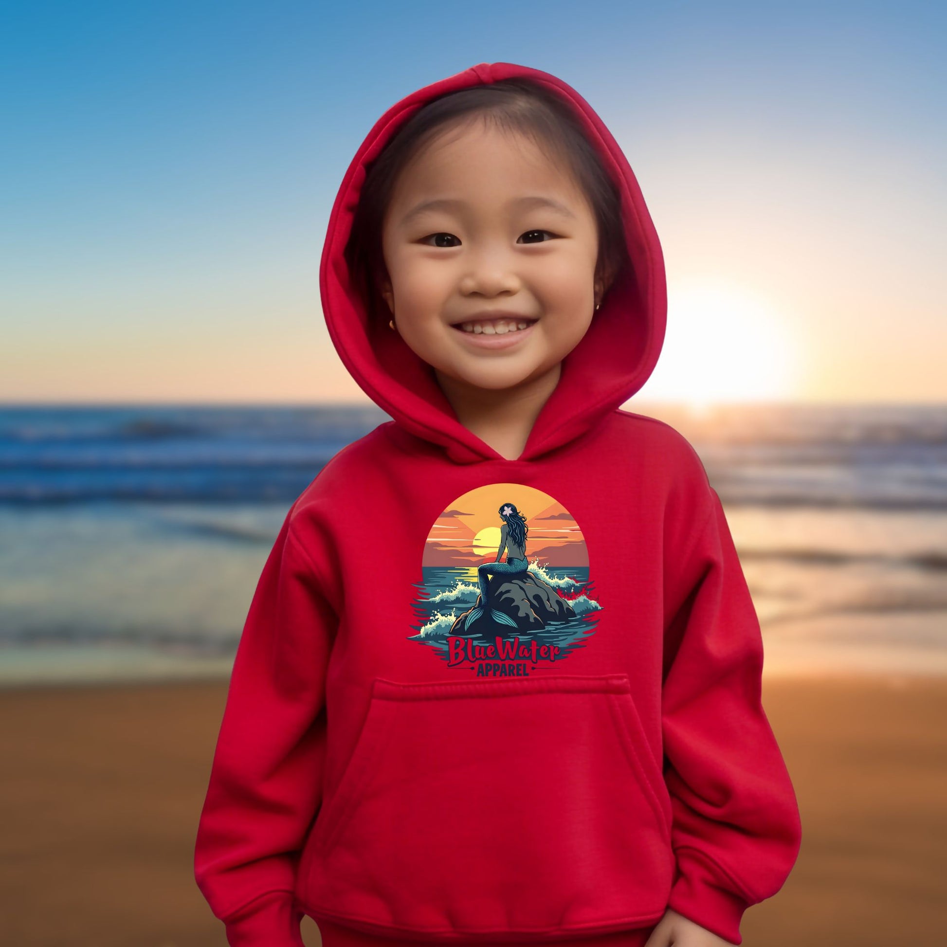 child model on beach wearing red mermaid sunset kids hoodie by blue water apparel