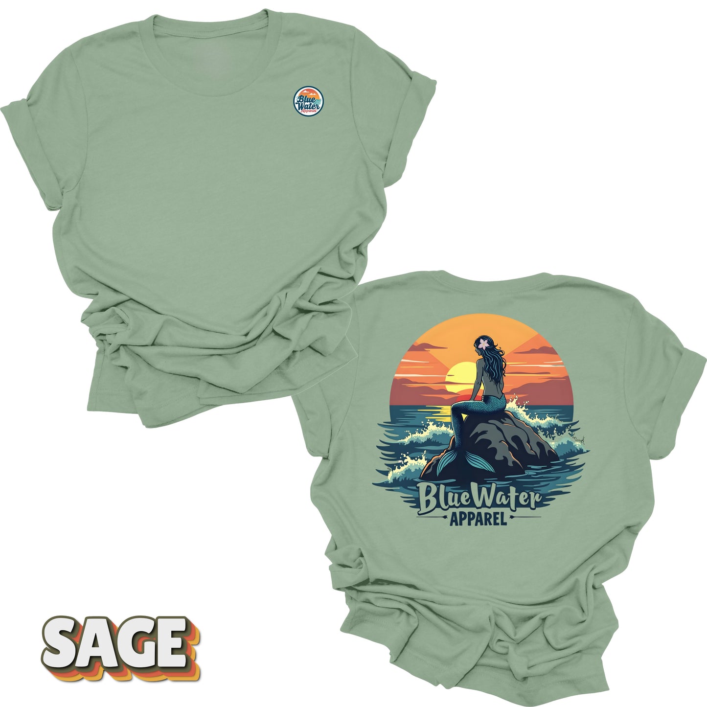 back graphic and front logo of sage mermaid sunset tee by blue water 
