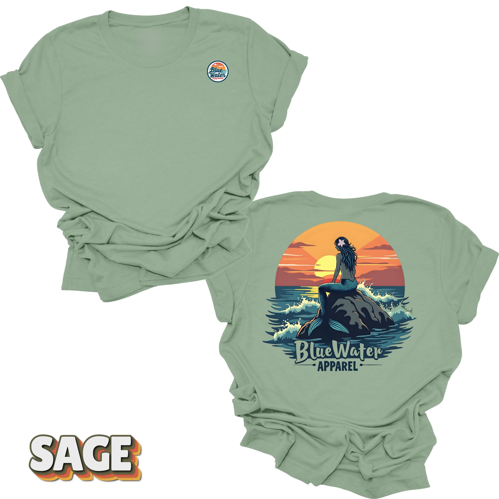 back graphic and front logo of sage mermaid sunset tee by blue water 