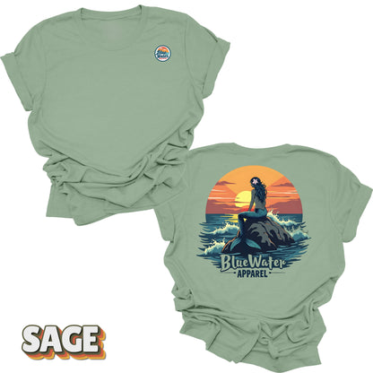 back graphic and front logo of sage mermaid sunset tee by blue water 