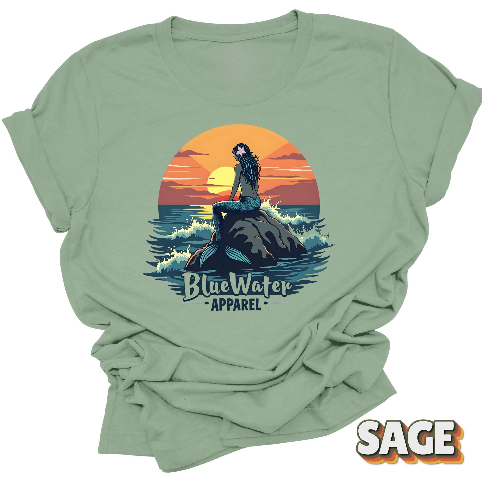 Front Graphic of Sage Mermaid Sunset tee by Blue Water Apparel