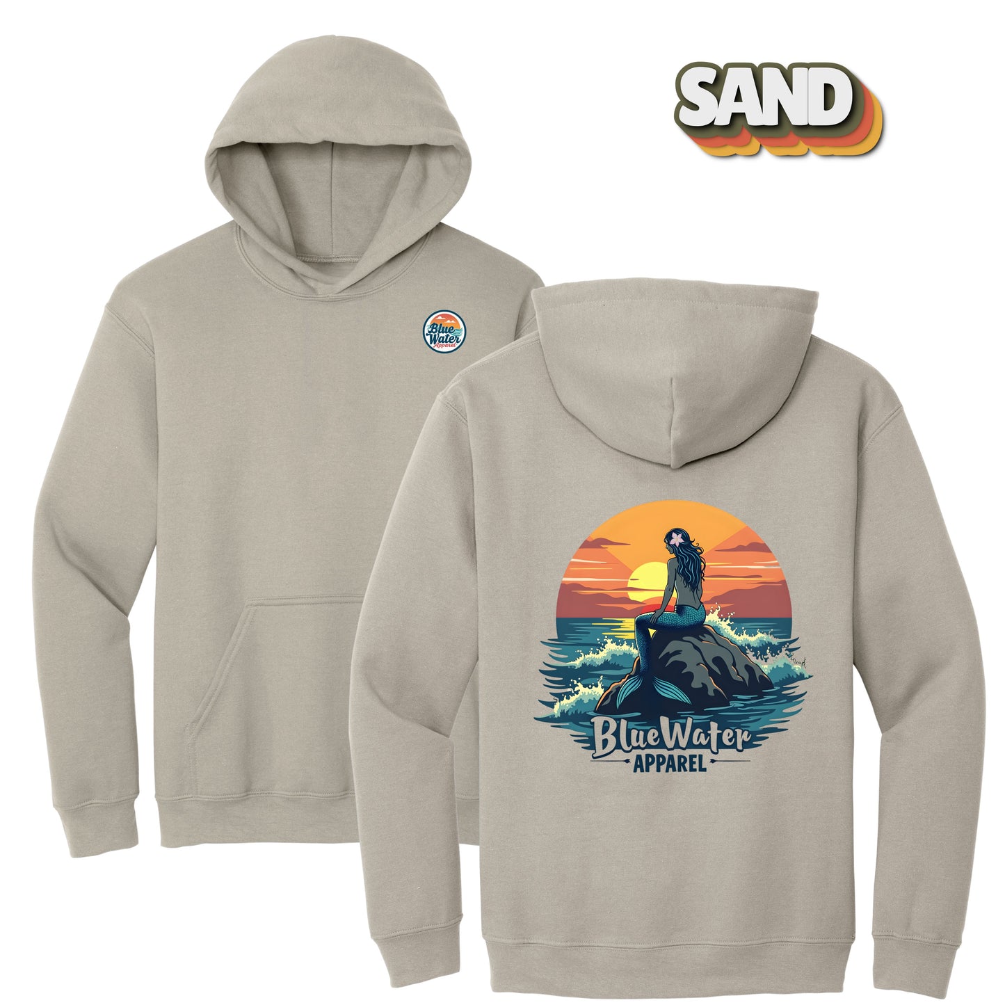 flat lay sand vintage mermaid hoodie by blue water apparel