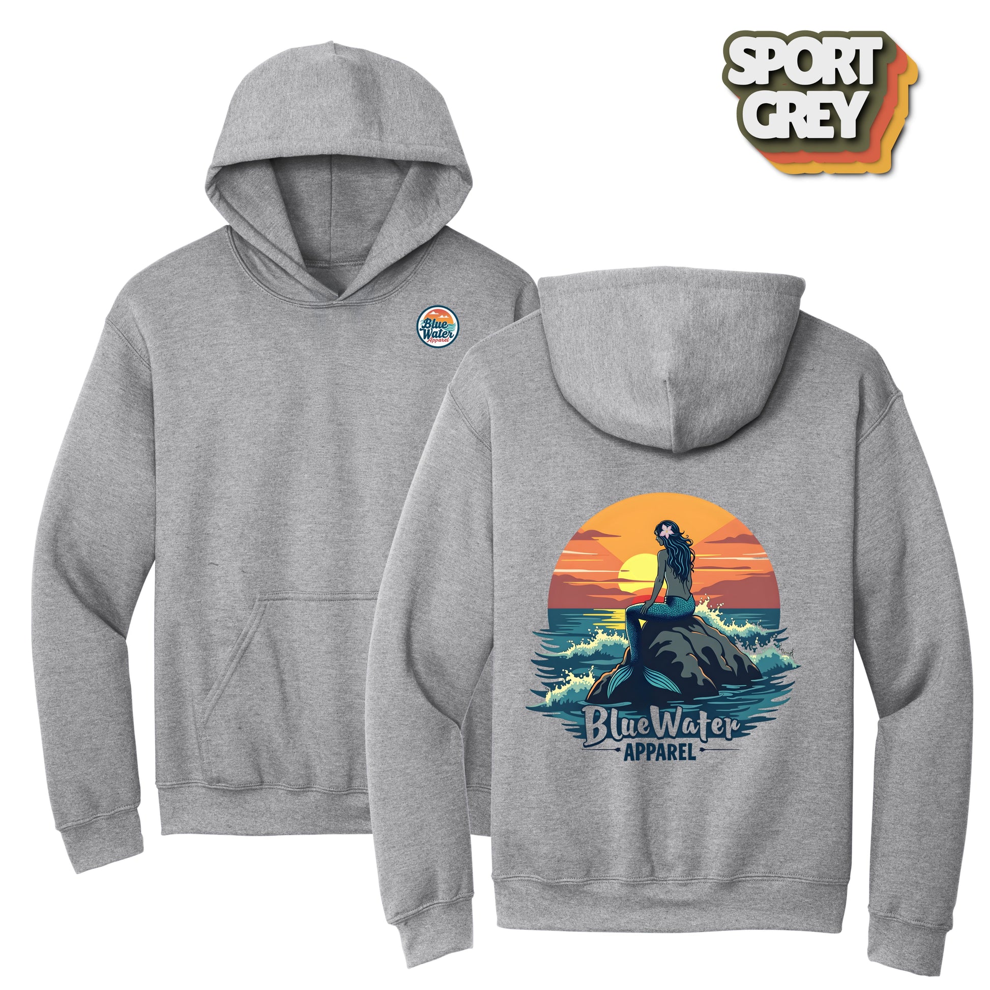 flat lay sport grey vintage mermaid hoodie by blue water apparel