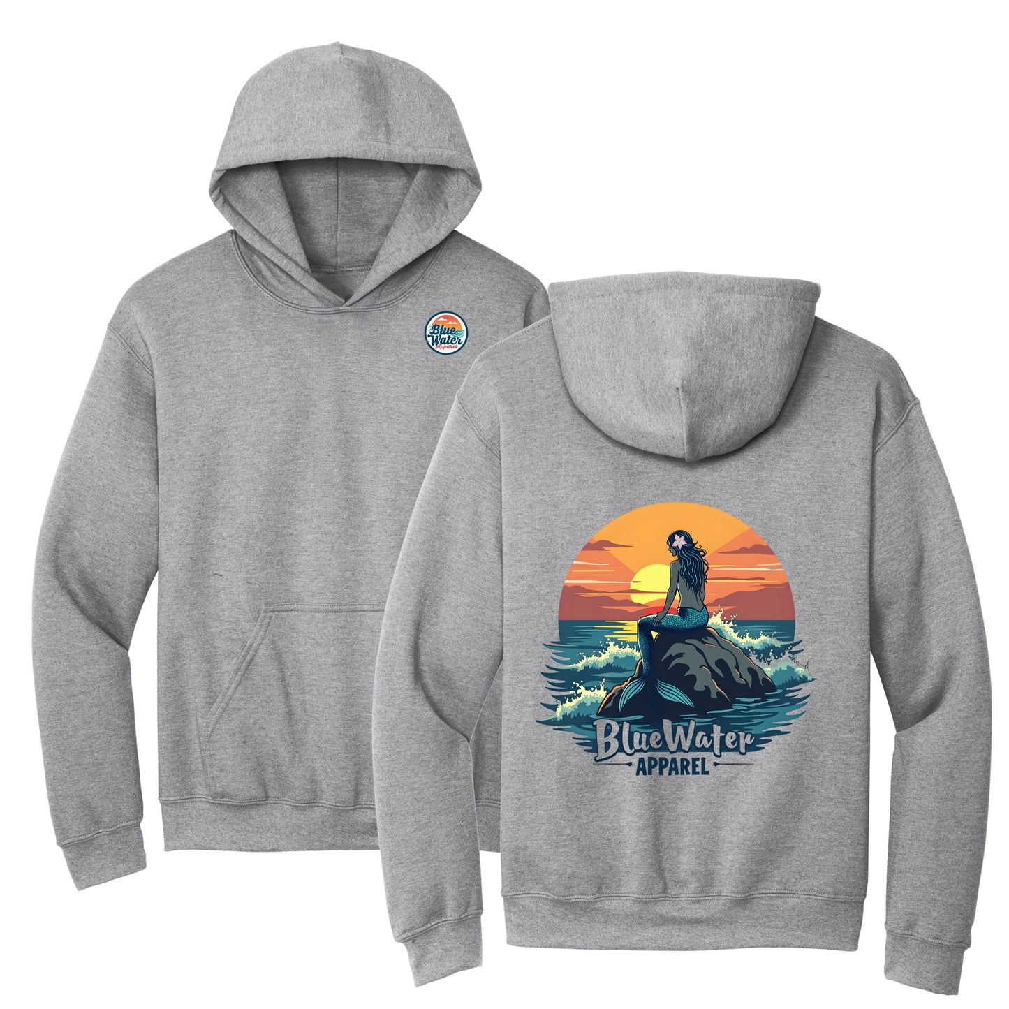 flat lay sport grey mermaid sunset hoodie by blue water apparel