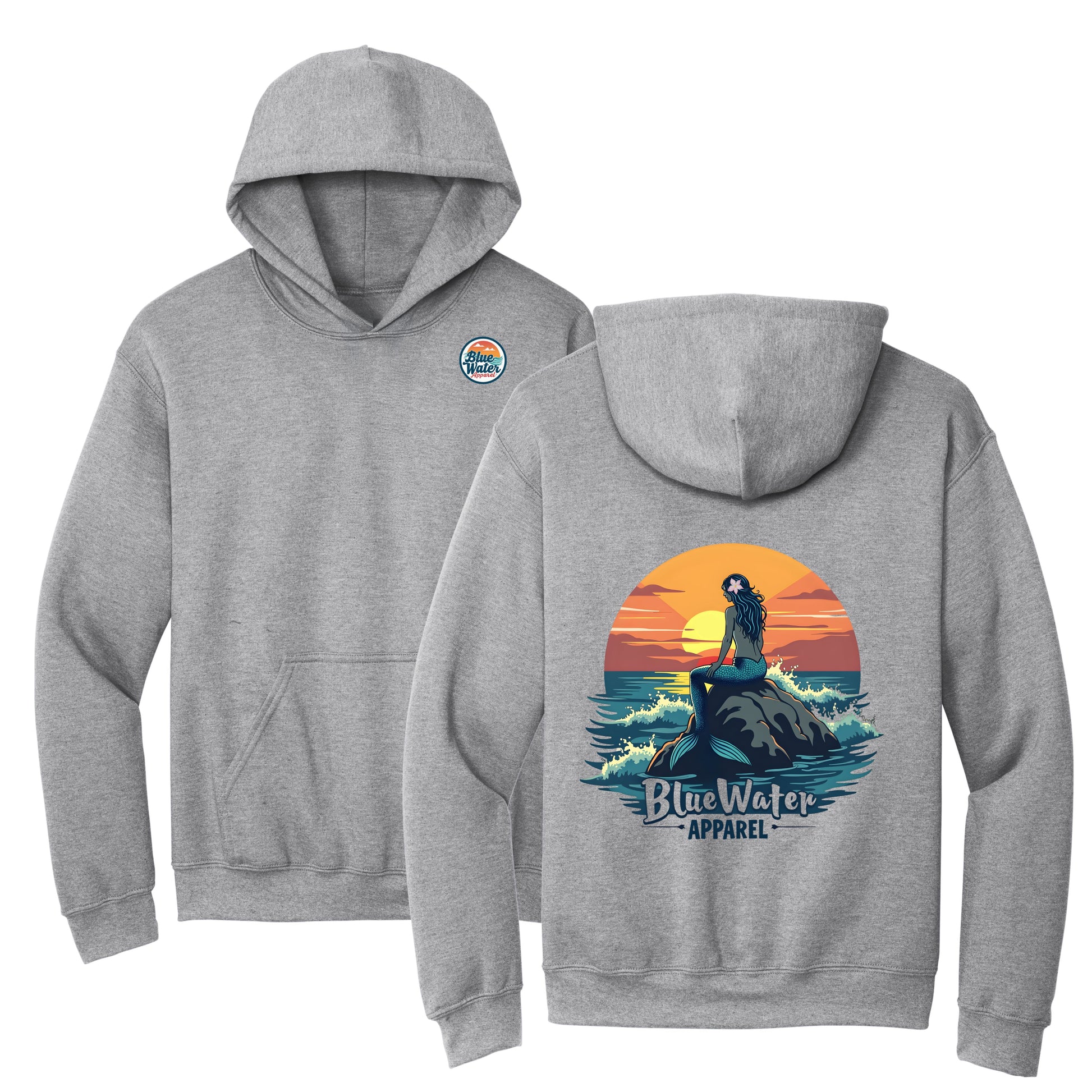 flat lay sport grey mermaid sunset hoodie by blue water apparel