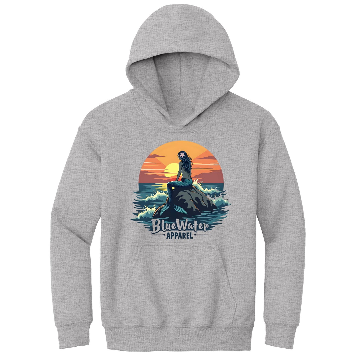 flat lay sport grey mermaid sunset kids hoodie by blue water apparel