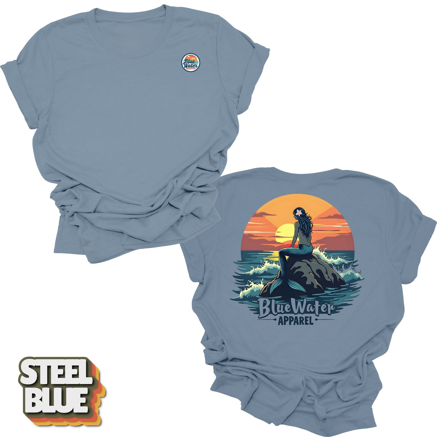 back graphic and front logo of steel blue mermaid sunset tee by blue water 