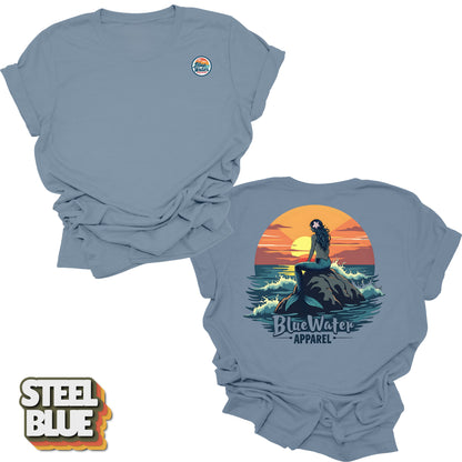 back graphic and front logo of steel blue mermaid sunset tee by blue water 