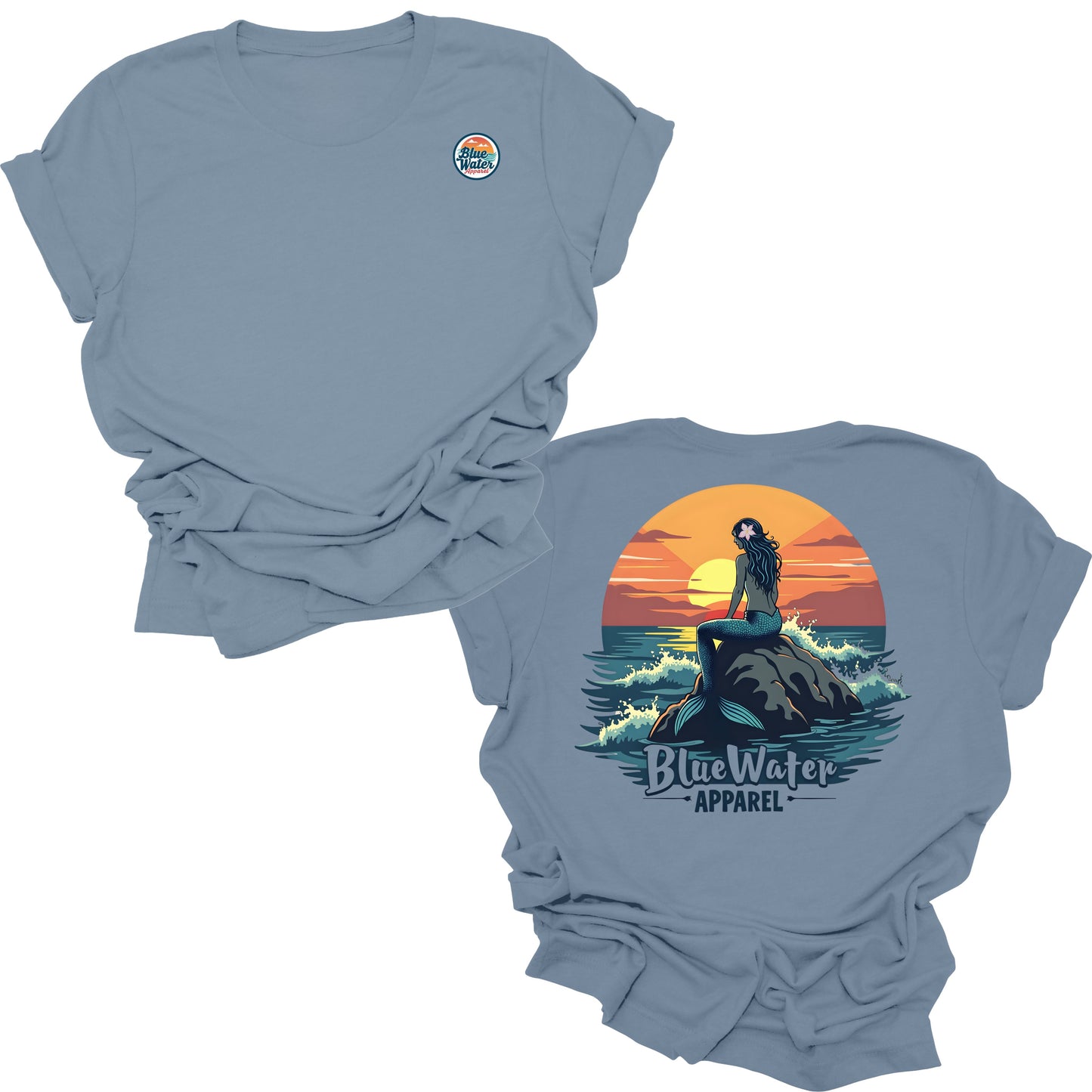 flat lay steel blue mermaid sunset tee by blue water apparel