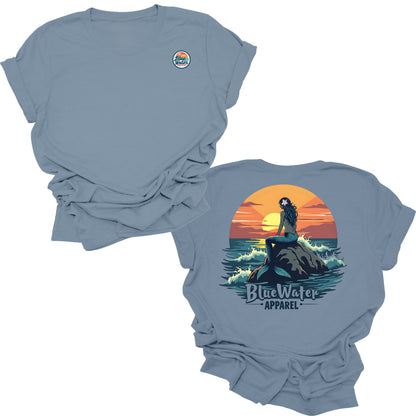 flat lay steel blue mermaid sunset tee by blue water apparel