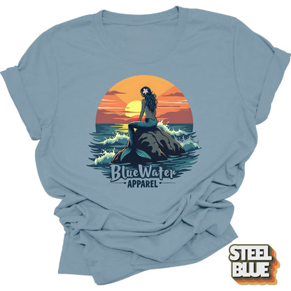 Front Graphic of Steel Blue Mermaid Sunset tee by Blue Water Apparel
