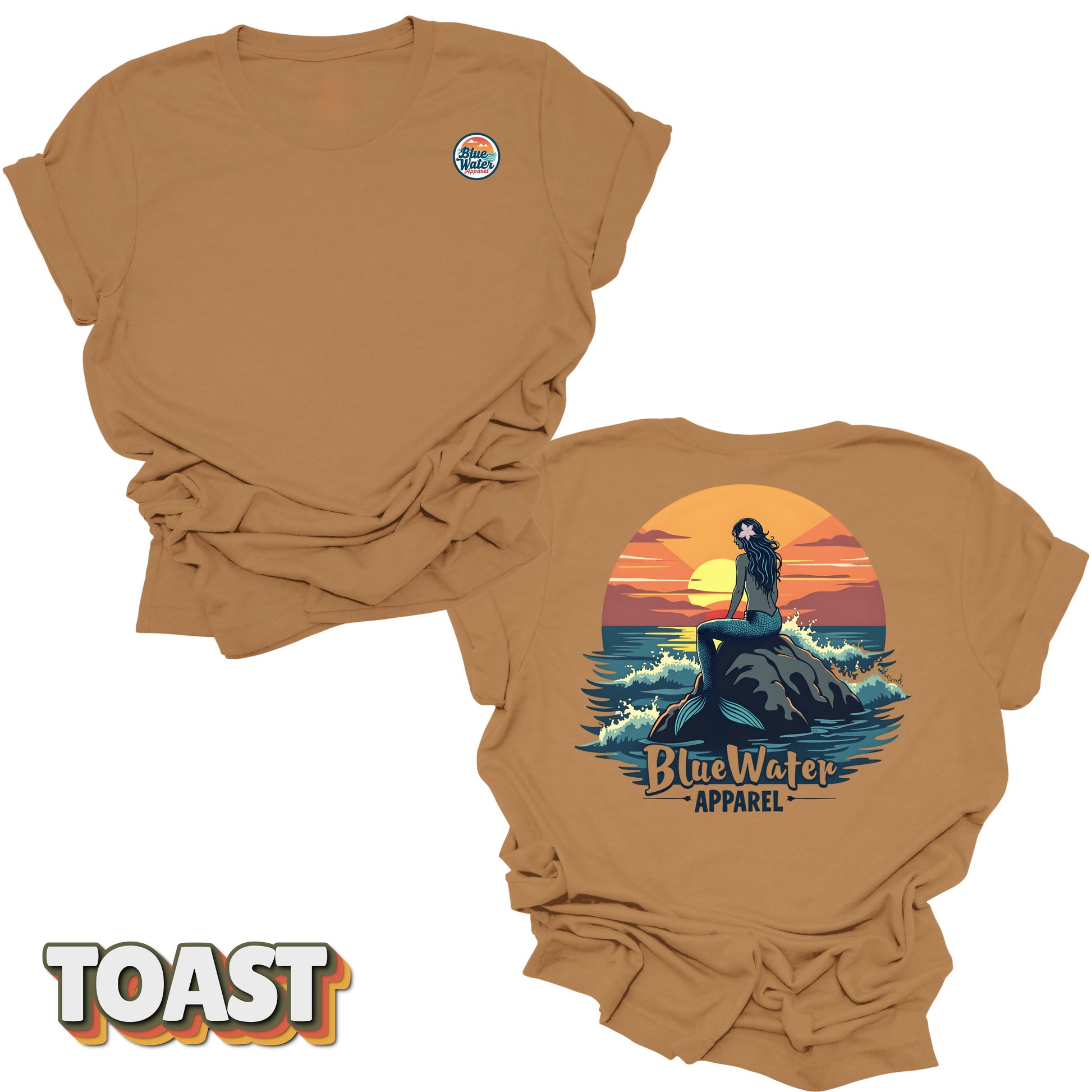 back graphic and front logo of toast mermaid sunset tee by blue water 