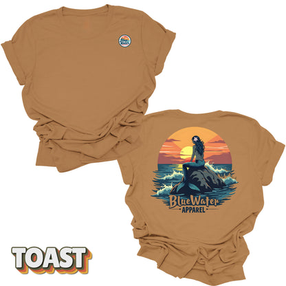 back graphic and front logo of toast mermaid sunset tee by blue water 