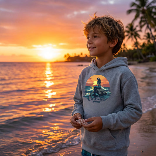 boy wearing sport grey mermaid sunset kids hoodie on beach holding seashell by blue water apparel