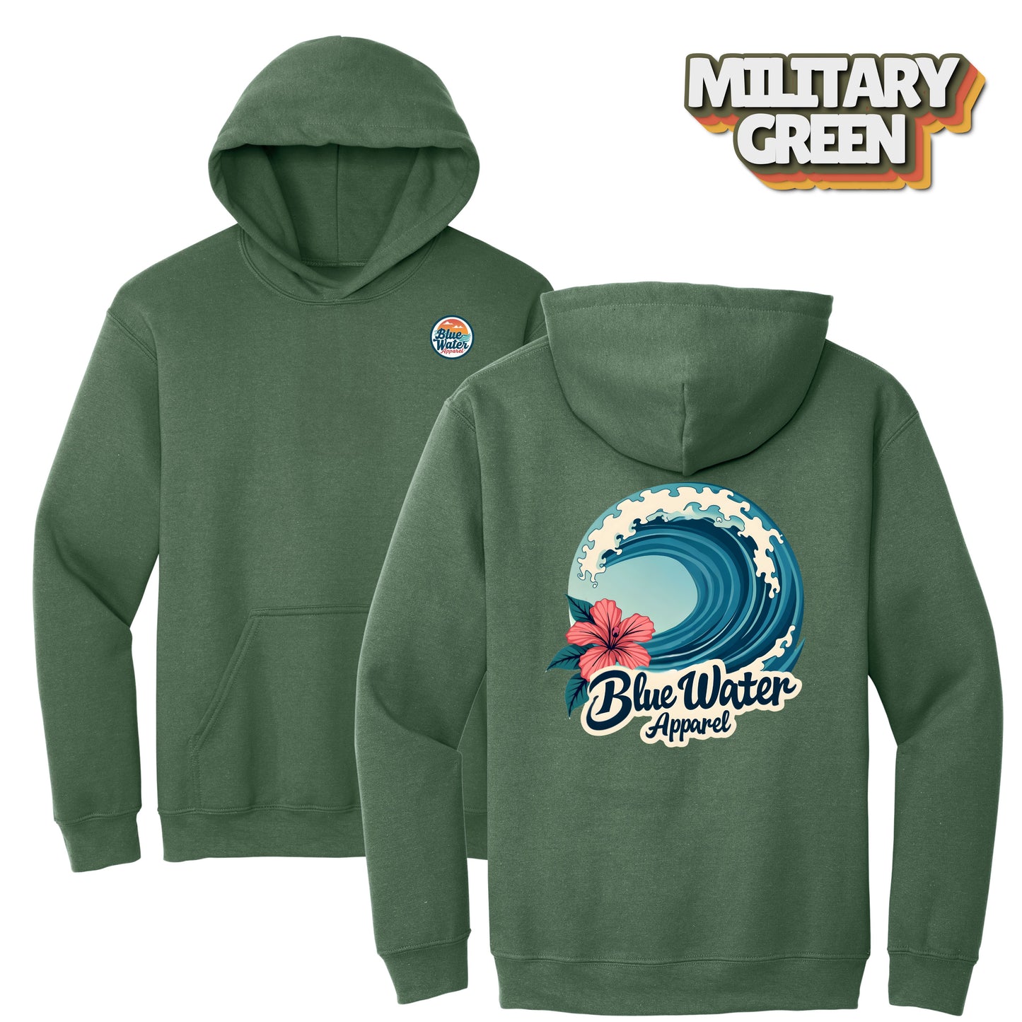 flat lay military green hibiscus wave hoodie by blue water apparel