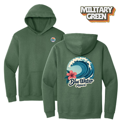 flat lay military green hibiscus wave hoodie by blue water apparel