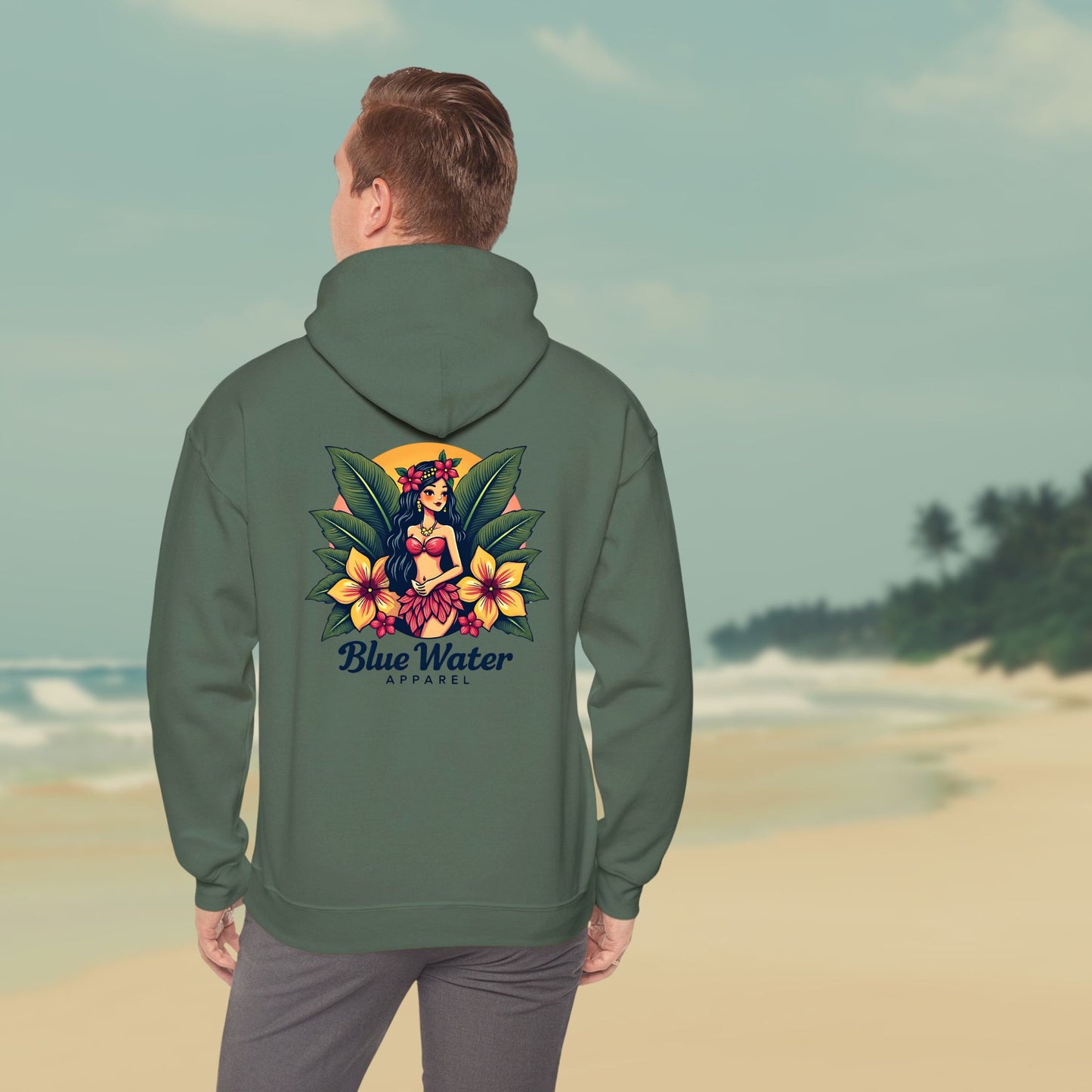 model on beach wearing military green island girl hoodie by blue water apparel