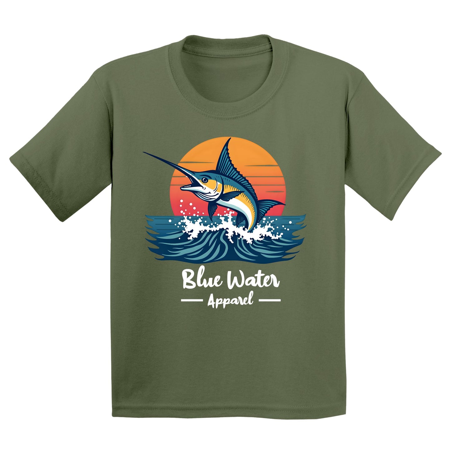 flat lay military green vintage marlin kids tee by blue water apparel