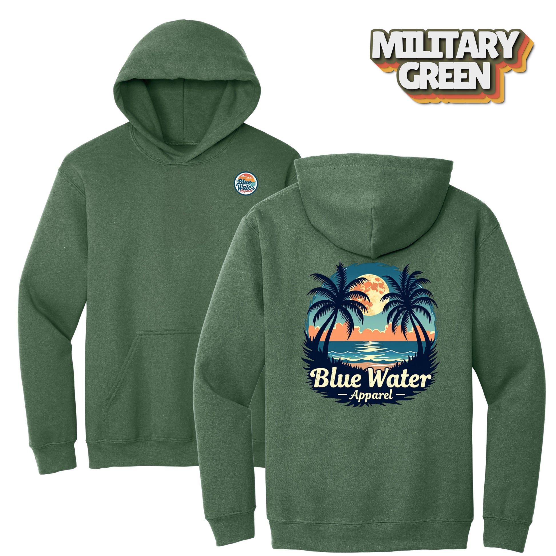 flat lay military green tropical moon hoodie by blue water apparel
