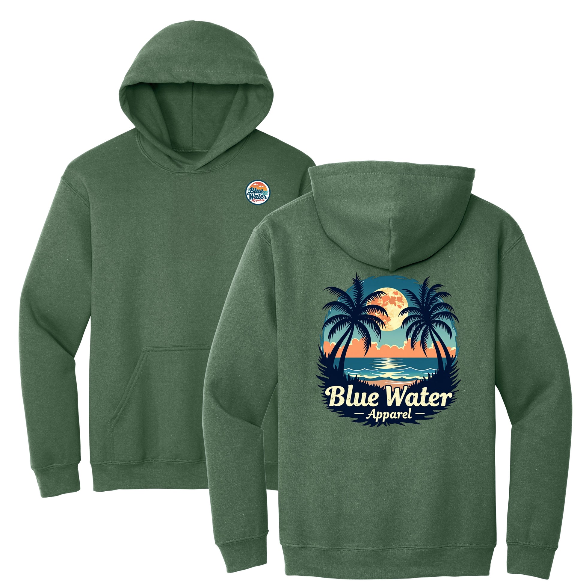 flat lay military green tropical moon hoodie by blue water apparel