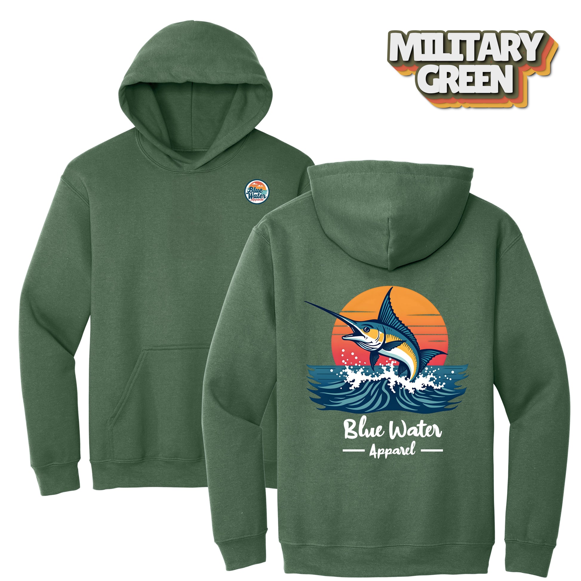 flat lay back graphic military green vintage marlin hoodie by blue water apparel