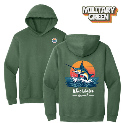flat lay back graphic military green vintage marlin hoodie by blue water apparel