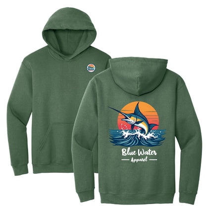flat lay military green vintage marlin hoodie by blue water apparel