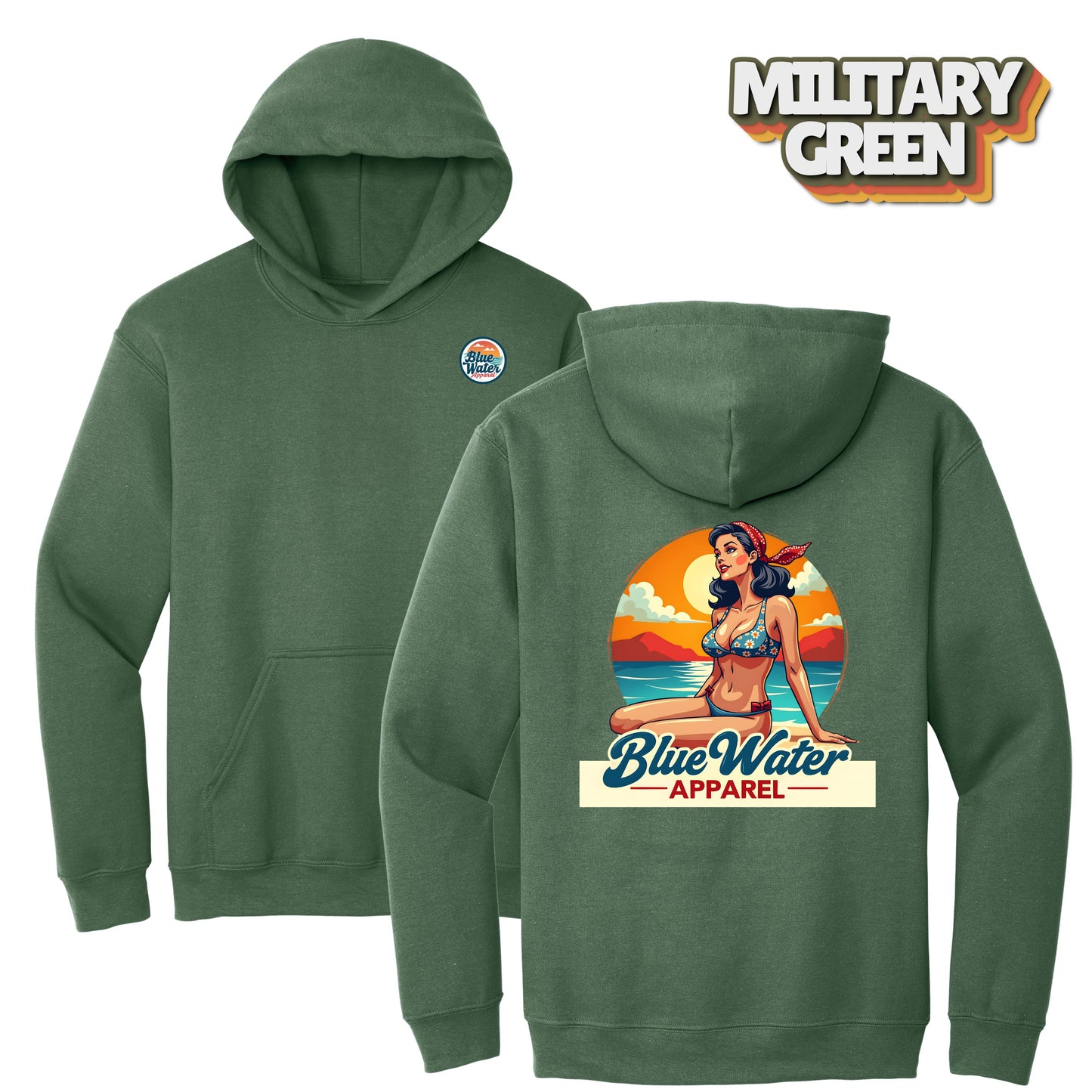 flat lay military green vintage pin up hoodie by blue water apparel