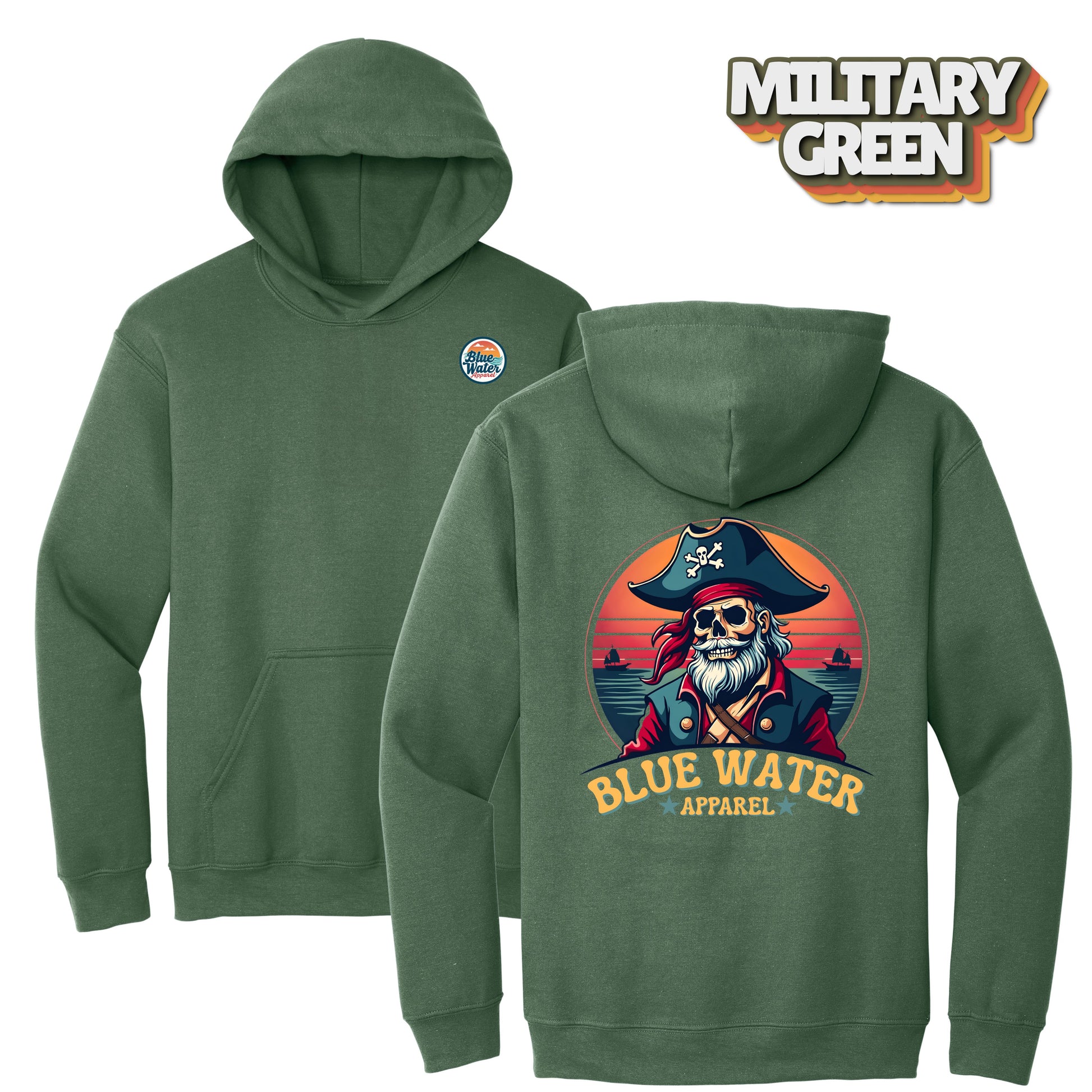flat lay military green vintage pirate hoodie by blue water apparel